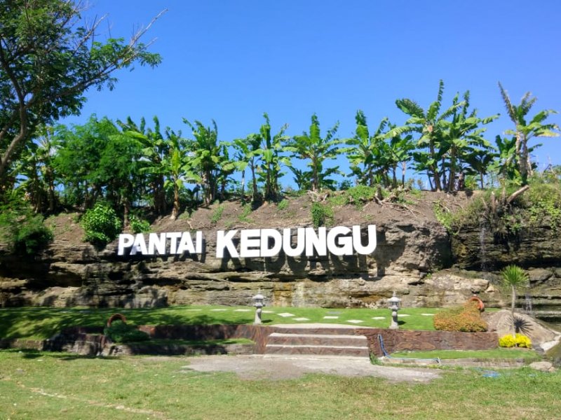 Pemandangan Pantai Kedungu Bali dengan pasir hitam, ombak laut, dan panorama pantai yang indah.
